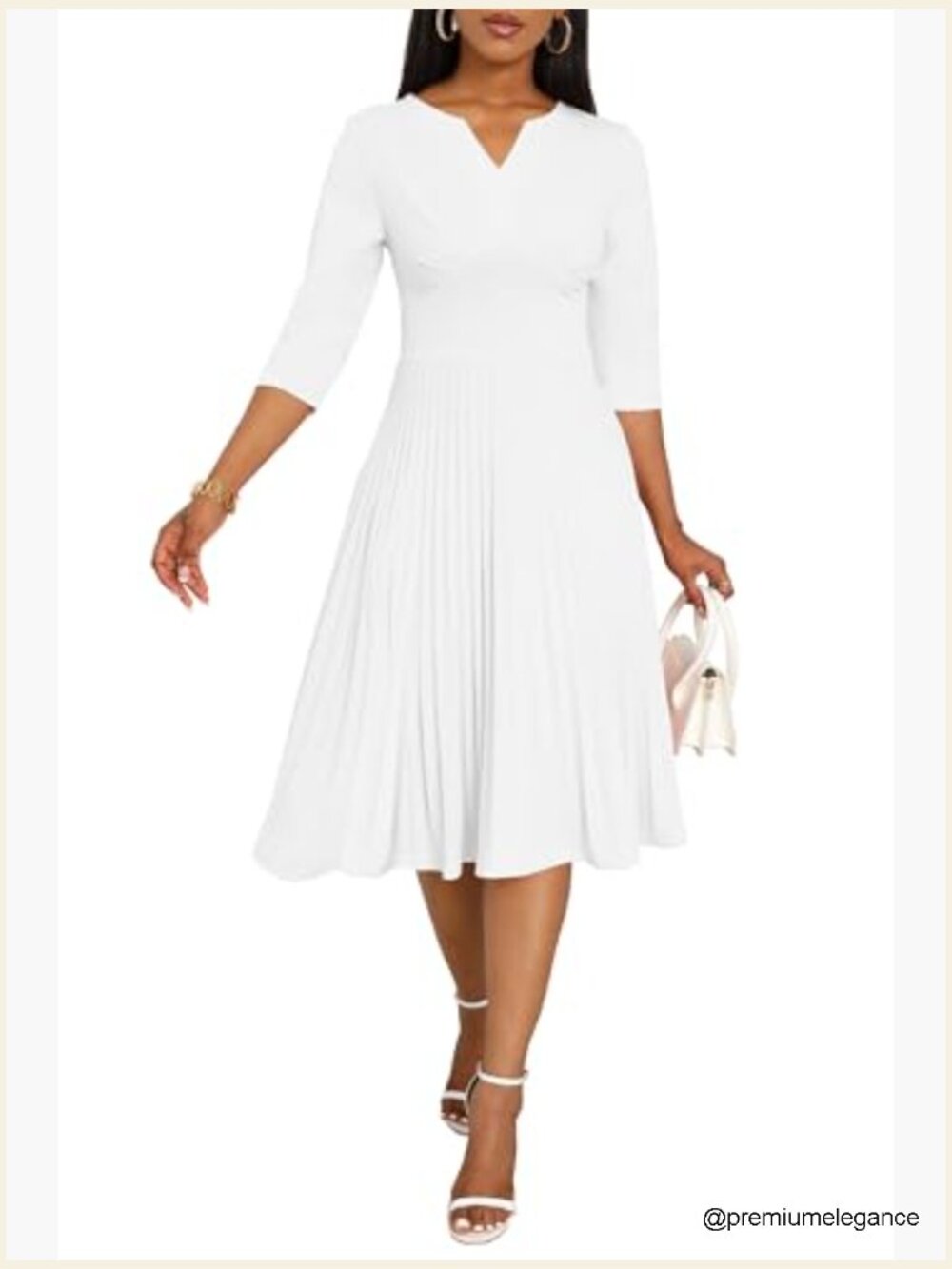 Midi Dress 3/4 Sleeve V-Neck A-Line Pleated Cocktail Wedding Guest - Picture 3 of 7